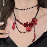 Luxurious Multi-Layer Red Beaded Flower Tassel Necklace Fashionable Choker High-End Clavicle Chain Jewelry Accessory