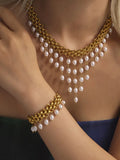 Stainless Steel Crawler Necklace Bracelet For Women 18k Gold Plated Imitation Pearl Tassel Charm Women's Necklaces Bracelets Set