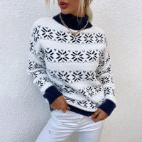 2025 Christmas Jumpers Women Mock Neck Full Sleeve Sweater Snowflake Jacquard Knitwear Warm Thick Pullover Top Xmas Party Look
