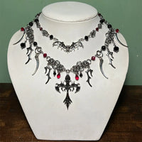 Goth Halloween Necklace for Women,Bat Cross Heart Red Crystal Pendant,Stacking Chain Dark Party Jewelry,Daily Wear&Surprise Gift
