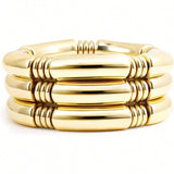 3PCS/SET Gold Chunky Bangles Bracelets For Women Plated Stack Layered Curved Bamboo Tube Stretch Bracelets Gift Jewelry