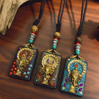 Nepal Tangka Pendant Male Green Tara Manjushri Bodhisattva Black Sandalwood Buddha Sign Vintage Necklace Sweater Chain Jewelry