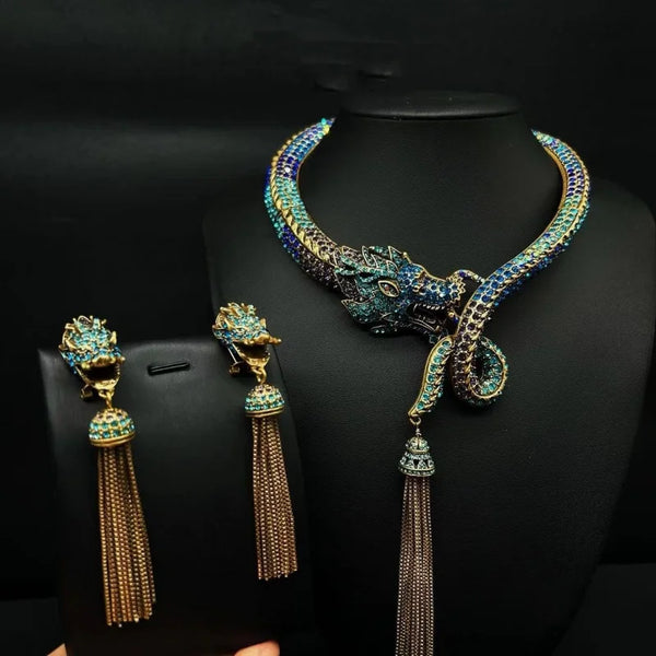European and American medieval retro zodiac dragon animal blue European and American heavy industry tassel rhinestone earring ne