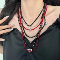 Luxurious Multi-Layer Red Beaded Flower Tassel Necklace Fashionable Choker High-End Clavicle Chain Jewelry Accessory