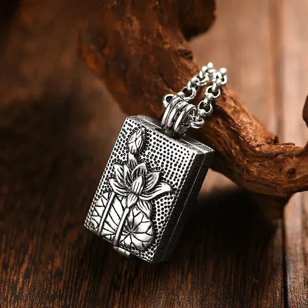 Vintage Square Pendant 925 Silver Fresh Lotus Flower Necklace Openable Can Open Creative Neutral Style Keel Chain Jewelry Gift