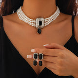 SHIXIN 2Pcs Luxury Multilayer Imitation Pearl Choker Necklace Earrings Bridal Green Rhinestone Neck Chain Wedding Jewelry Set