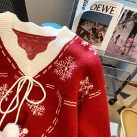 Christmas New Red Autumn and Winter Pullovers Snowflake Knitted Sweaters Thick Loose V-neck Hooded Sweet Long Sleeve Top Trendy
