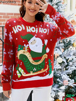 Fairyshely 2025 Autumn Winter O Neck Knitted Sweater Women Casual Christmas Patchwork Pullover Ladies Long Sleeve Loose Jumper