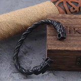 Black Stainless Steel Nordic Viking Norse Dragon Bracelet Men Wristband Cuff Bracelets with Viking Wooden Box