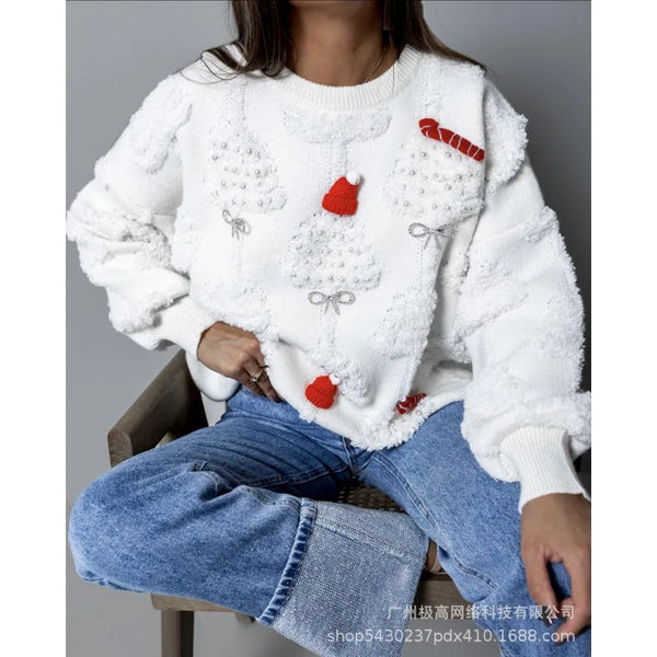 Women Solid Color Loose Pullover Knitted Sweater Autumn Winter New Christmas Sweater Top Women Lantern Sleeve Round Neck Sweater