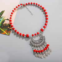 Bohemia Vintage Ethnic Leaf Red Stone Tassel Necklace For Women Gypsy Sliver Color Long Chain Necklace For Girls Tibetan Jewelry