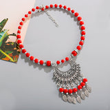 Bohemia Vintage Ethnic Leaf Red Stone Tassel Necklace For Women Gypsy Sliver Color Long Chain Necklace For Girls Tibetan Jewelry