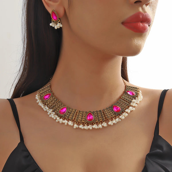 3 PCS Vintage Indian Style Alloy Necklace Earrings Set Exotic Exquisite Pearl Rhinestone Tassel Collar Chain Earrings Palace