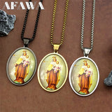 Virgin Mary Hold Baby Jesus Glass Medal Pendant Necklace for Women Men Stainless Steel Gold Color Catholic Amulet Chain Jewelry