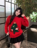 Autumn Winter Women Red Sweet Chic 3D Christmas Tree Knitted Sweater Casual O Neck Long Sleeve Pullover Tops Female Loose Jumper