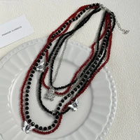Luxurious Multi-Layer Red Beaded Flower Tassel Necklace Fashionable Choker High-End Clavicle Chain Jewelry Accessory