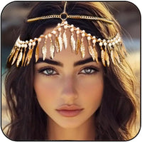 Bridal Wedding Headdress Fashion Bohemia Gold Color Leaf Imitation Pearl Tassel Indian Head Chain Jewelry