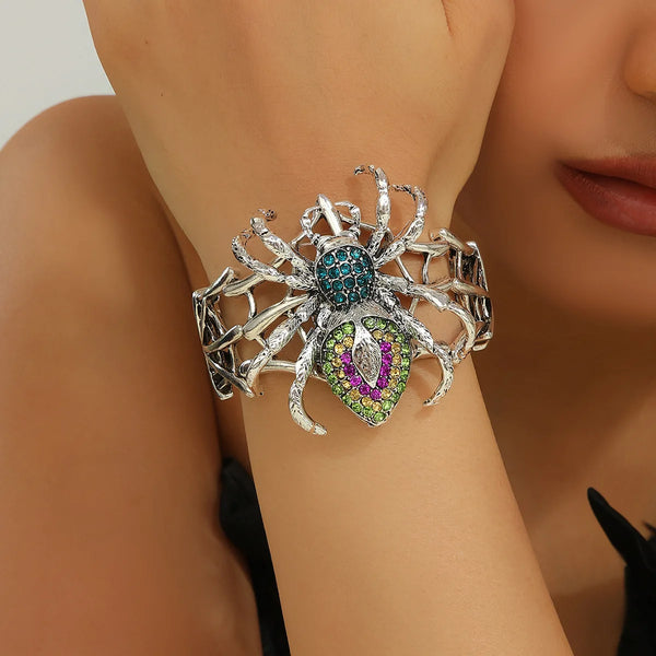 Halloween Jewelry Fun Quirky Alloy Rhinestone Spider Elastic Adjustable Bracelet Bangle For Women Party Accessories