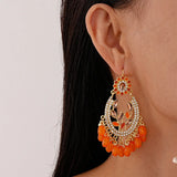 Bohemian Orange Resin Beaded Tassel Droplet Geometric Earrings Women Ethnic Vacation Fashion Jewelry