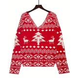 Women Knitwear Christmas Sweater Low Back Wrapped Knot Sexy Oversized Jumper Deep V-Neck Off Shoulder Hot Red Pullover Tops