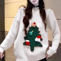 Autumn Winter Women Red Sweet Chic 3D Christmas Tree Knitted Sweater Casual O Neck Long Sleeve Pullover Tops Female Loose Jumper