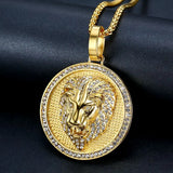 Stainless Steel Titanium Lions Head Luxury Zircon Round Pendant Hip Hop Collar Chains Necklace for Men Women Gift Jewel