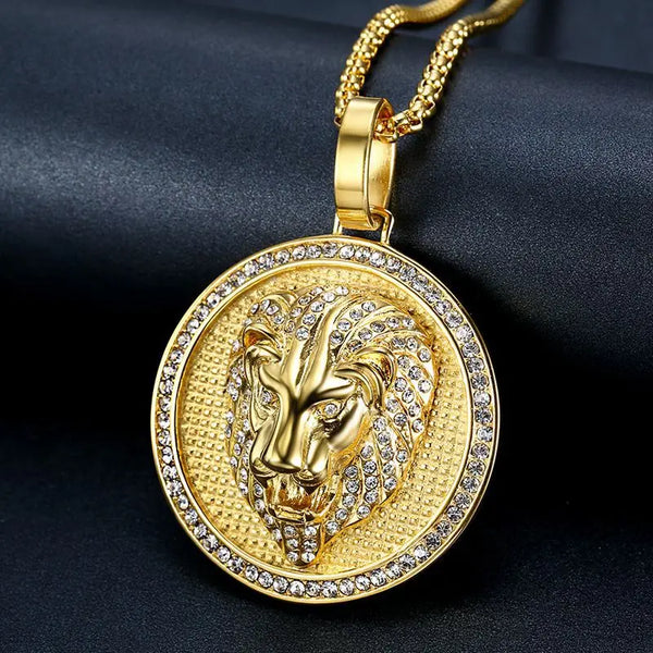 Stainless Steel Titanium Lions Head Luxury Zircon Round Pendant Hip Hop Collar Chains Necklace for Men Women Gift Jewel