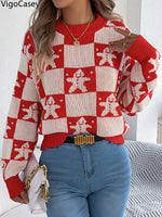 VigoCasey 2025 Autumn Winter Christmas Knitted Sweater Women Casual Plaid Print Pullover Lady Lantern Long Sleeve Loose Jumper