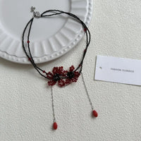 Luxurious Multi-Layer Red Beaded Flower Tassel Necklace Fashionable Choker High-End Clavicle Chain Jewelry Accessory