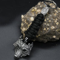 Nordic Mythology Wolf Head Keychain Men's Retro Handmade Survival Rope Lanyard Pendant Keyring Vikings Runes Vegvisir Jewelry