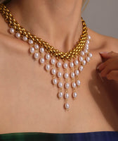 Stainless Steel Crawler Necklace Bracelet For Women 18k Gold Plated Imitation Pearl Tassel Charm Women's Necklaces Bracelets Set