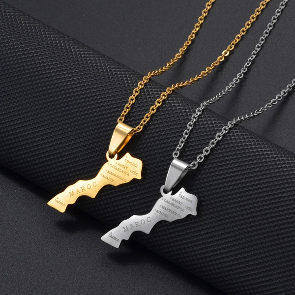 Anniyo 3.2cm Morocco Map Pendant Necklaces Africa Maroc Jewelry Stainless Steel Material #368121