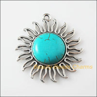 2Pc Retro Tibetan Silver Sun Flower Charms Pendants 42.5x46mm
