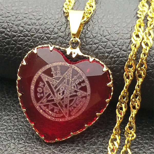Jewish Tetragrammaton Hebrew Pentagram Heart Shaped Glass Necklaces for Men Women Stainless Steel Gold Color Chain Jewelry Gift