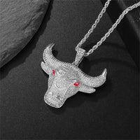 Fashion Animal Bull Head Pendant Necklace For Men Hiphop Iced Out Bling Micro Paved Red CZ Necklace Punk Rock Biker Jewelry
