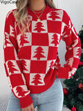 VigoCasey 2025 Autumn Winter Lady Christmas Knitted Sweater Women O Neck Plaid Print Pullover Lantern Long Sleeve Loose Jumper