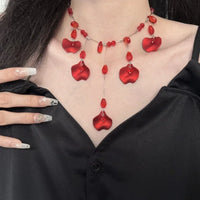 Luxurious Multi-Layer Red Beaded Flower Tassel Necklace Fashionable Choker High-End Clavicle Chain Jewelry Accessory