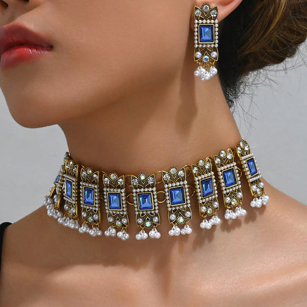 Kymyad Ethnic Geometric Glasses Beads Chunky Necklace Earrings For Women Vintage Simulated Pearl Beads Decoration Jewelry Sets
