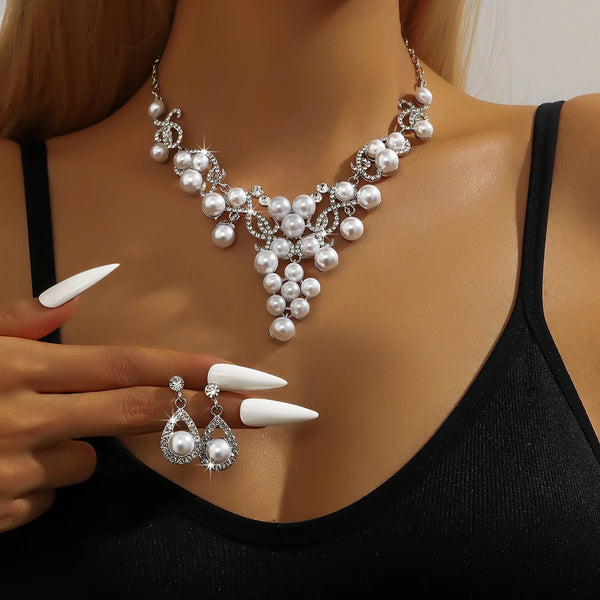 3pcs women's jewelry set, alloy water droplet shaped flower pearl necklace earrings, bride's wedding accessories