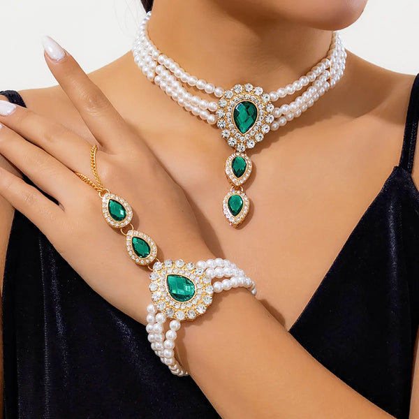 DIEZI Luxury Imitation Pearl Necklace Bracelet Vintage Water Drop Stone Beads Jewelry Sets Elegant Wedding  Party New Jewelry