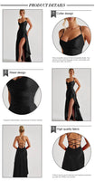 VC Elegant Black Satin Maxi Dress with Crisscross Spaghetti Straps and High Slit Ruffled Hem for High - Profile Occasions