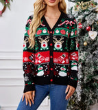 Fashionable knitted V-neck Christmas pattern single breasted long sleeved cardigan for autumn and winter women's casual sweater