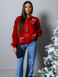 Women Solid Color Loose Pullover Knitted Sweater Autumn Winter New Christmas Sweater Top Women Lantern Sleeve Round Neck Sweater