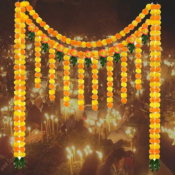 140-160cm Marigold Garland Flower Artificial Festival Wreath Ornament Fake Plant Indian Style Home Party Decor