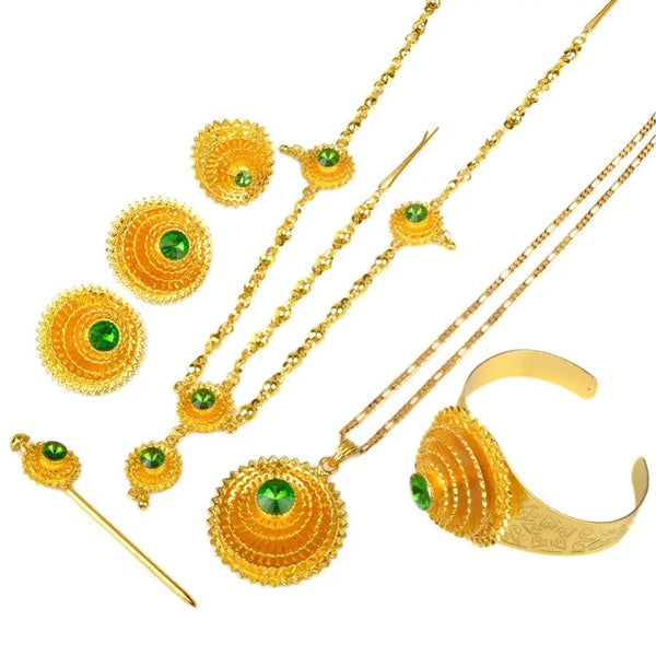 Anniyo Ethiopian Jewelry set Gold Color Green Stone With Hair Piece Hair Pin Women Fashion Eritrea Habesha African #002117