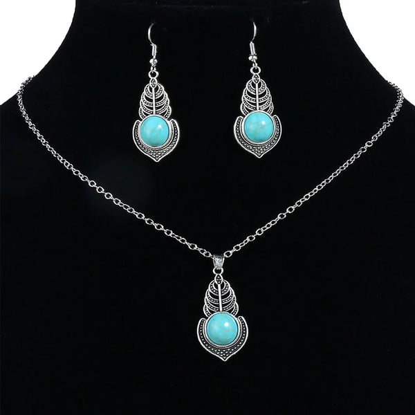 Vintage national imitation Turquoise women's earring necklace set antique silver plated alloy green earring necklace
