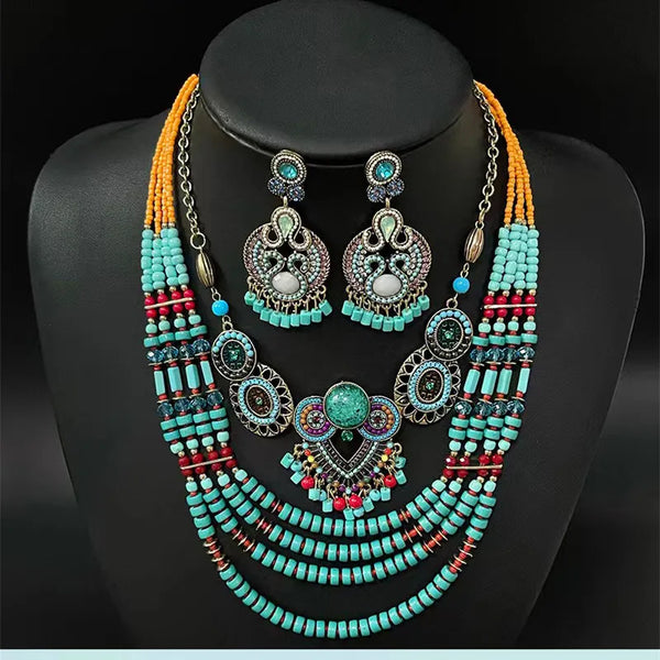 Fashion Boehmia Ethnic Multilayer Beads Chains Necklaces Green Color Vintage Handmade Beads Choker Collar Necklaces
