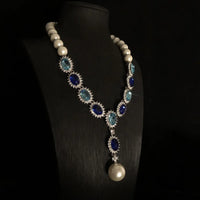 Retro Fashion Pearl Blue Stone Necklace Earrings Multi functional Light Luxury Regular Clavicle Chain Women's Jewelry Gifts