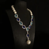 Retro Fashion Pearl Blue Stone Necklace Earrings Multi functional Light Luxury Regular Clavicle Chain Women's Jewelry Gifts