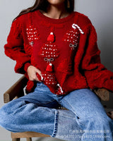 Women Solid Color Loose Pullover Knitted Sweater Autumn Winter New Christmas Sweater Top Women Lantern Sleeve Round Neck Sweater
